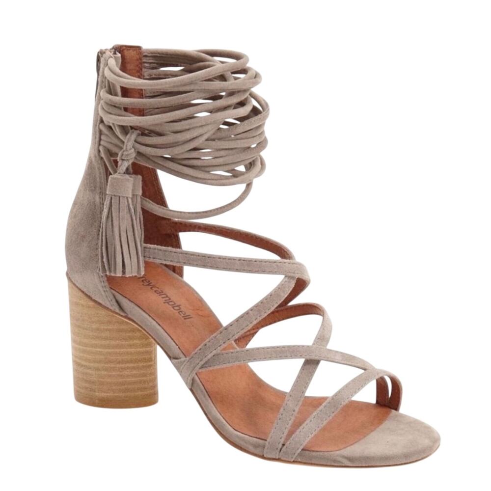 Jeffrey Campbell Women’s Despina tan heeled caged strappy sandal, tassels, 7 - Picture 2 of 8